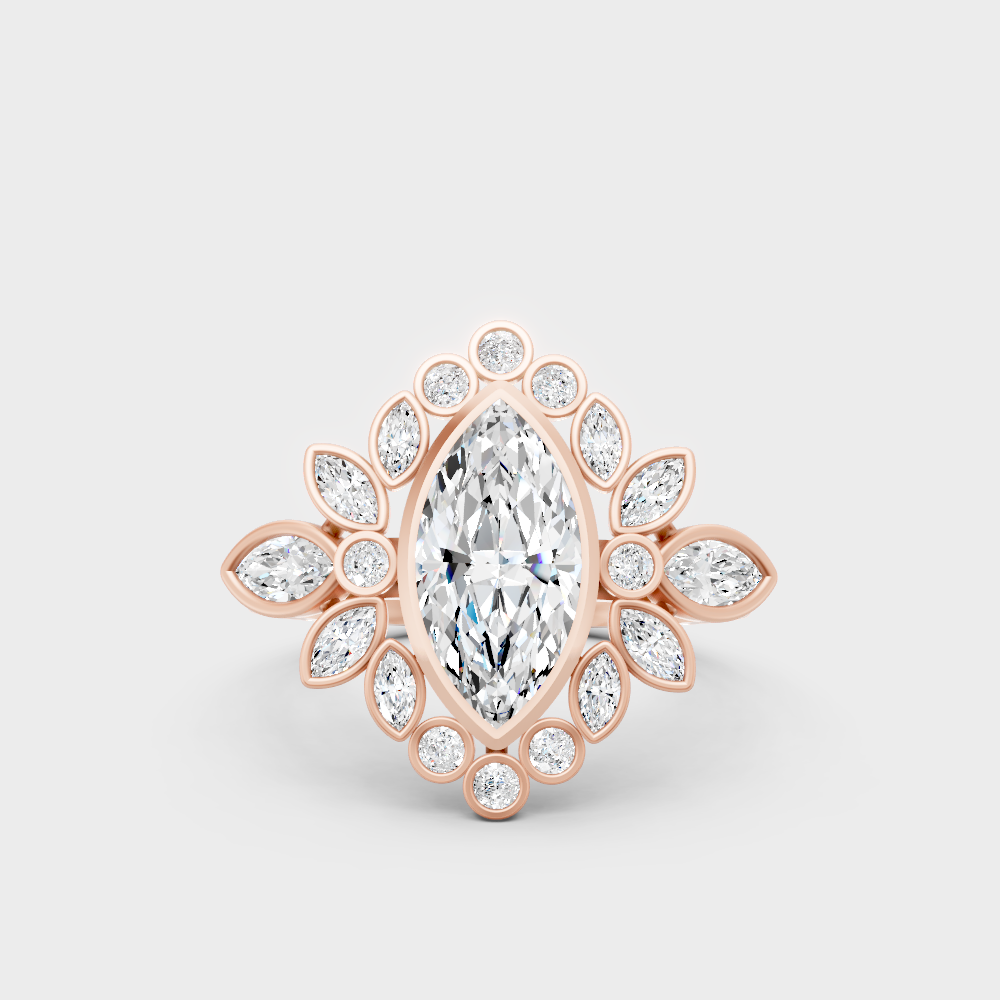 Unique Rose Gold Ring Featuring A Marquise Center Stone And Round Diamond Accents